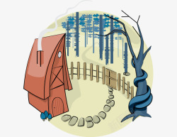 卡通手绘树林房屋篱笆石路素材