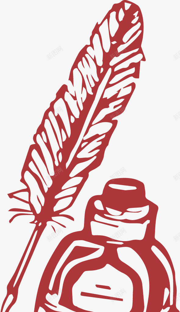 墨水与笔png免抠素材_88icon https://88icon.com 墨水瓶 红色 羽毛笔