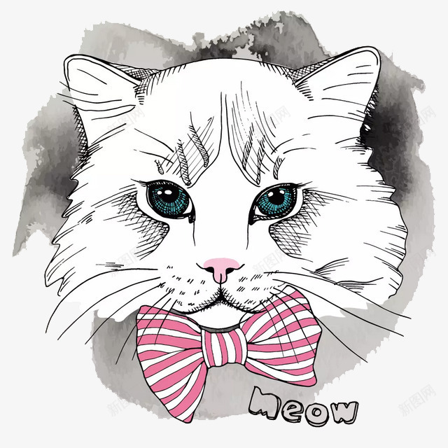 蝴蝶结猫咪png免抠素材_88icon https://88icon.com 创意 动物 卡通 可爱 墨水画 猫咪 粉色 蝴蝶结