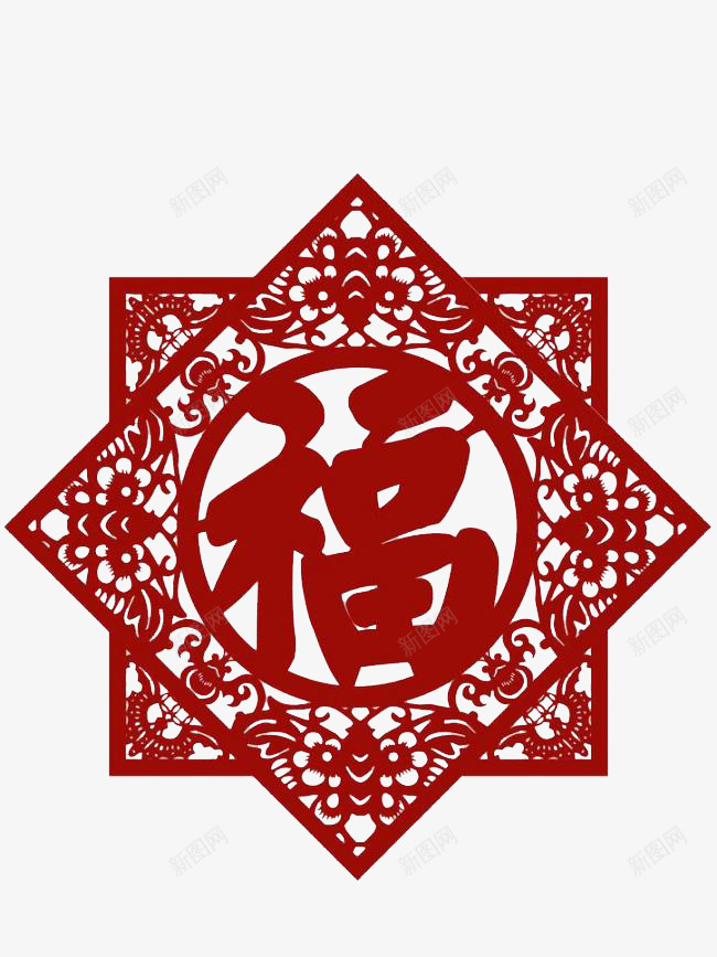 春节窗花png免抠素材_88icon https://88icon.com 多边形 福字 窗花 红色