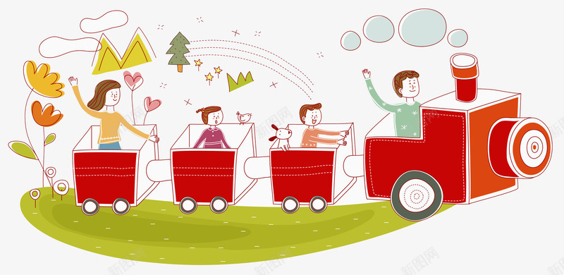 孩子跟着父母在火车上玩耍png免抠素材_88icon https://88icon.com 传统 创意 卡通 家庭 幸福 手绘 树木 红色的火车 花朵