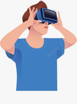 头戴VR头盔体验VR设备的卡通人物矢量图高清图片