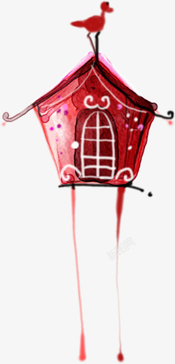 红色手绘艺术小鸟房屋素材