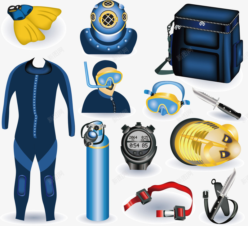 潜水工具矢量图ai免抠素材_88icon https://88icon.com 潜水工具集合 潜水服 潜水鞋 矢量图