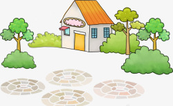 卡通小房子前的小树素材