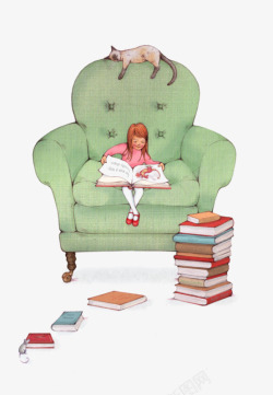 女学生看书矢量插画卡通儿童看书沙发插画高清图片