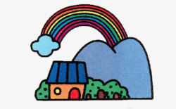 房子简图卡通山和彩虹高清图片