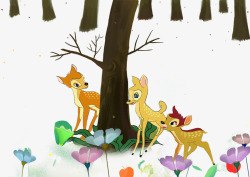 卡通手绘森林里的动物树木花素材