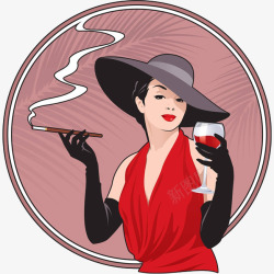 抽烟的女人油画图片卡通性感名媛喝红酒抽烟的美女插图标高清图片