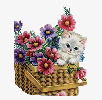 花蓝里的小猫png免抠素材_88icon https://88icon.com 手绘小猫 手绘竹篮 手绘花朵 花朵与小猫