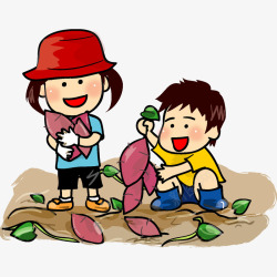 卡通男孩和女孩开心拔红薯插画P素材