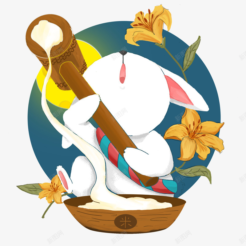 中秋节玉兔插画psd免抠素材_88icon https://88icon.com 中秋兔子捣米 中秋节卡通 手绘 插画 玉兔捣药 设计