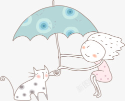 创意手绘扁平给小猫咪打伞素材