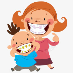卡通妈妈和儿子开心矫正牙齿插画素材