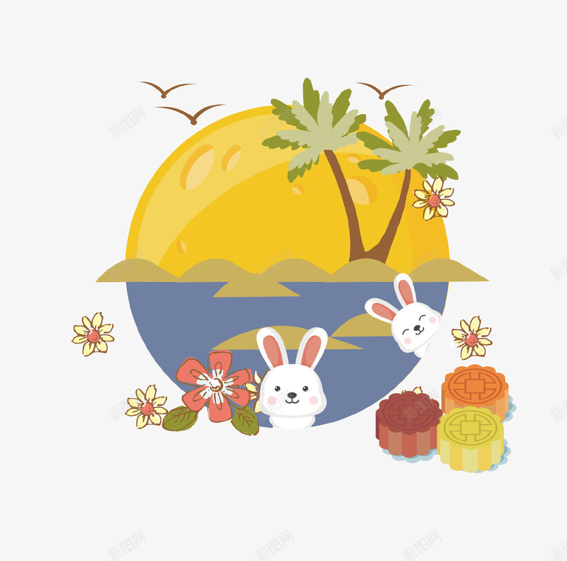 卡通中秋月兔海滩插画psd免抠素材_88icon https://88icon.com 中秋节 创意设计 卡通 插画 月兔 月饼 海滩 花朵