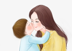 男孩与妈妈手绘水彩清新插画母亲节亲吻妈妈高清图片