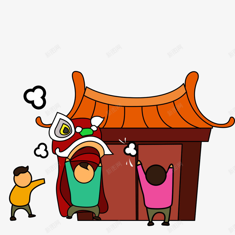 手绘卡通小孩过新年png免抠素材_88icon https://88icon.com 人物 卡通 小孩 建筑 房屋 手绘 海报装饰 舞狮 过新年