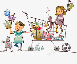 男孩玩足球插画购物车上的卡通女孩高清图片
