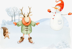 手绘卡通冬天雪人动物图案素材