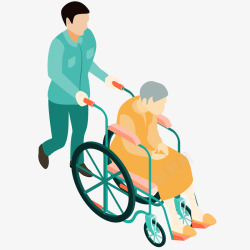护工推着坐轮椅的老人插画矢量图素材