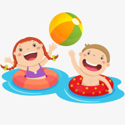 日光海滩素材男孩和女孩游泳玩耍插画矢量图高清图片