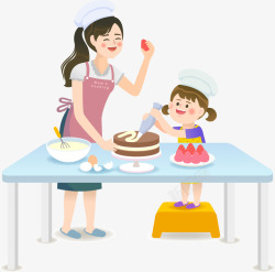 一家人吃饭插画卡通一起做蛋糕甜点亲子插画矢量图高清图片