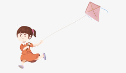 手绘插画放风筝奔跑的小女孩素材