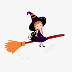 可爱的卡通小女巫坐在魔法扫帚上素材