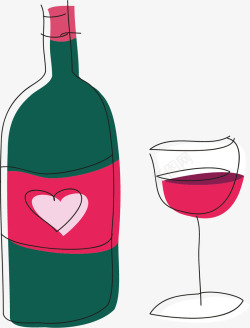 手绘绿粉色红酒瓶和红酒杯矢量图素材