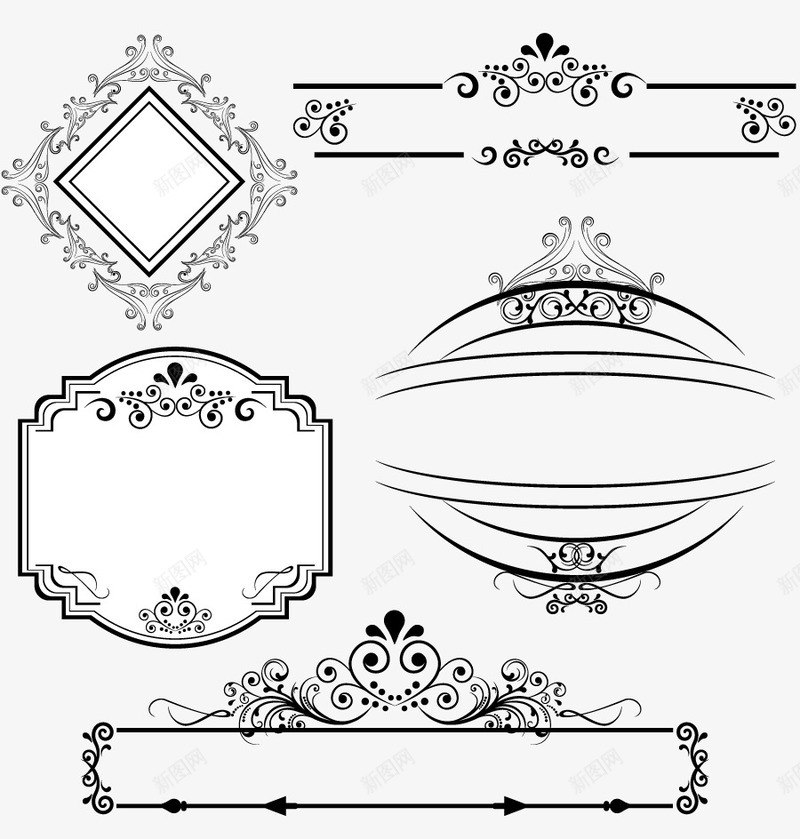 五种欧式黑白色边框花边png免抠素材_88icon https://88icon.com 平面设计元素 欧洲样式 边框纹理 黑白色