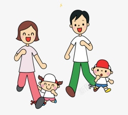 大人和孩子卡通手绘跑步的一家人高清图片