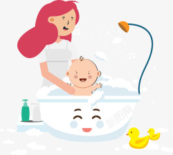 卡通妈妈给小孩洗澡矢量图素材
