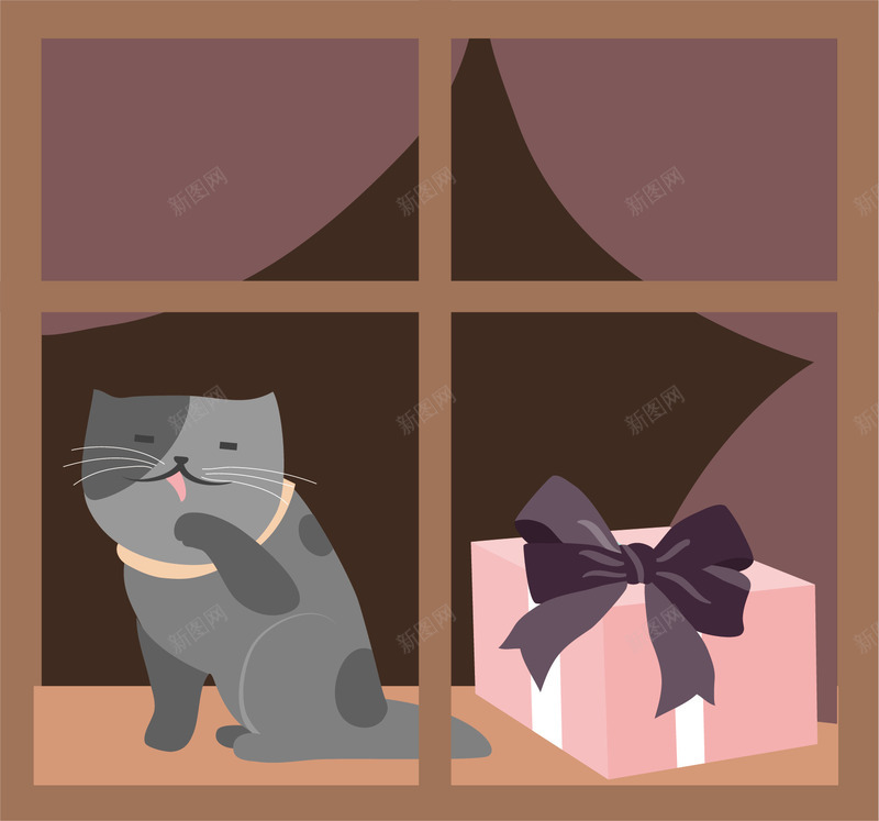 窗台上的小花猫png免抠素材_88icon https://88icon.com 卡通 商务 小花猫 彩色 手绘 礼物盒 窗台