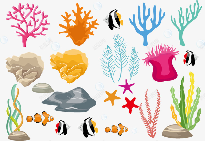海洋元素png免抠素材_88icon https://88icon.com 卡通 彩色 手绘 插图插画 水藻 海星 海洋元素 珊瑚 背景素材 鱼