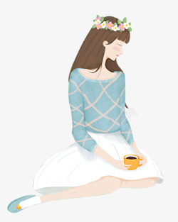 喝热咖啡带花环的女孩春游插画高清图片
