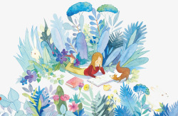 森林看书的小女孩素材