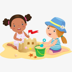 矢量沙滩玩耍两个小女孩堆沙堡插画矢量图高清图片