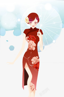 人物装饰插画穿旗袍撑伞的女人素材
