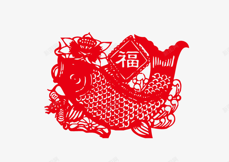 年年有余png免抠素材_88icon https://88icon.com 中国红元素 中国风 剪纸 年年有鱼 福字