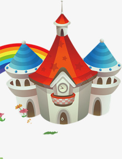 带有彩虹的红蓝城堡卡通素材