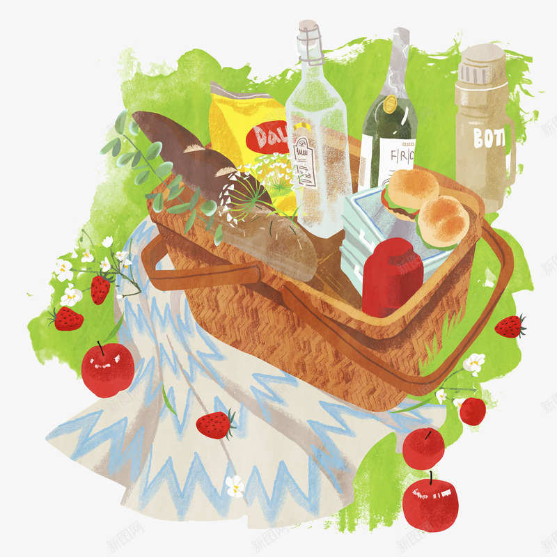 卡通野炊水果春游海报插画png免抠素材_88icon https://88icon.com 卡通手绘 插画 春游 水果 篮子 草地 野炊 零食