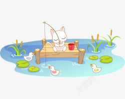 爱猫小白猫钓鱼高清图片