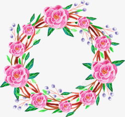 蔷薇花圈背景粉色手绘蔷薇花树叶圈高清图片
