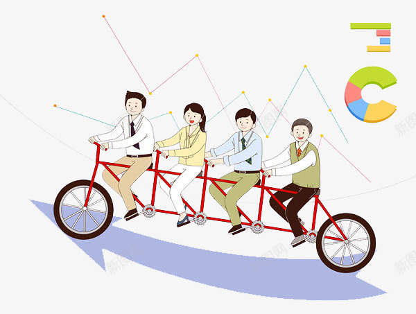 卡通骑车的人图png免抠素材_88icon https://88icon.com 创意的 卡通 合作的 商务 团结的 箭头 自行车