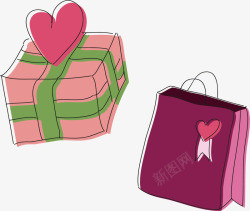 手绘粉色礼物袋和礼物盒素材