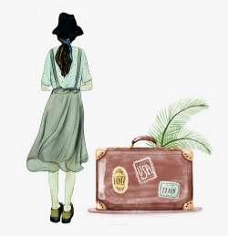 水彩女孩背影行李旅行插图素材