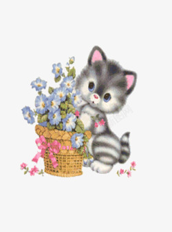 花朵旁边的可爱小猫素材