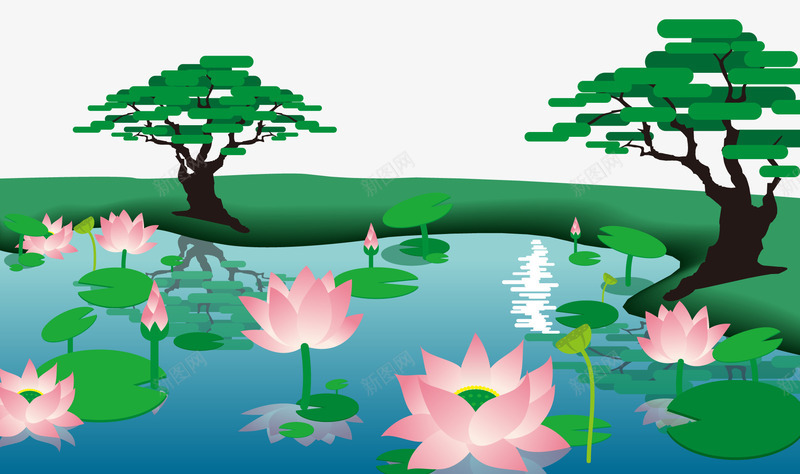 手绘夏季荷塘插画矢量图ai免抠素材_88icon https://88icon.com 夏天 手绘插画 景色 荷塘月色 荷花 装饰图案 矢量图