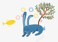 唯美卡通可爱小猫鱼树水泡素材