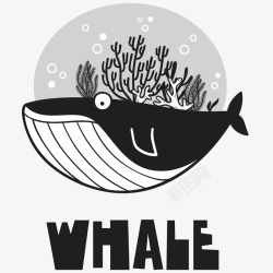 可爱鲸鱼黑白插画矢量图素材